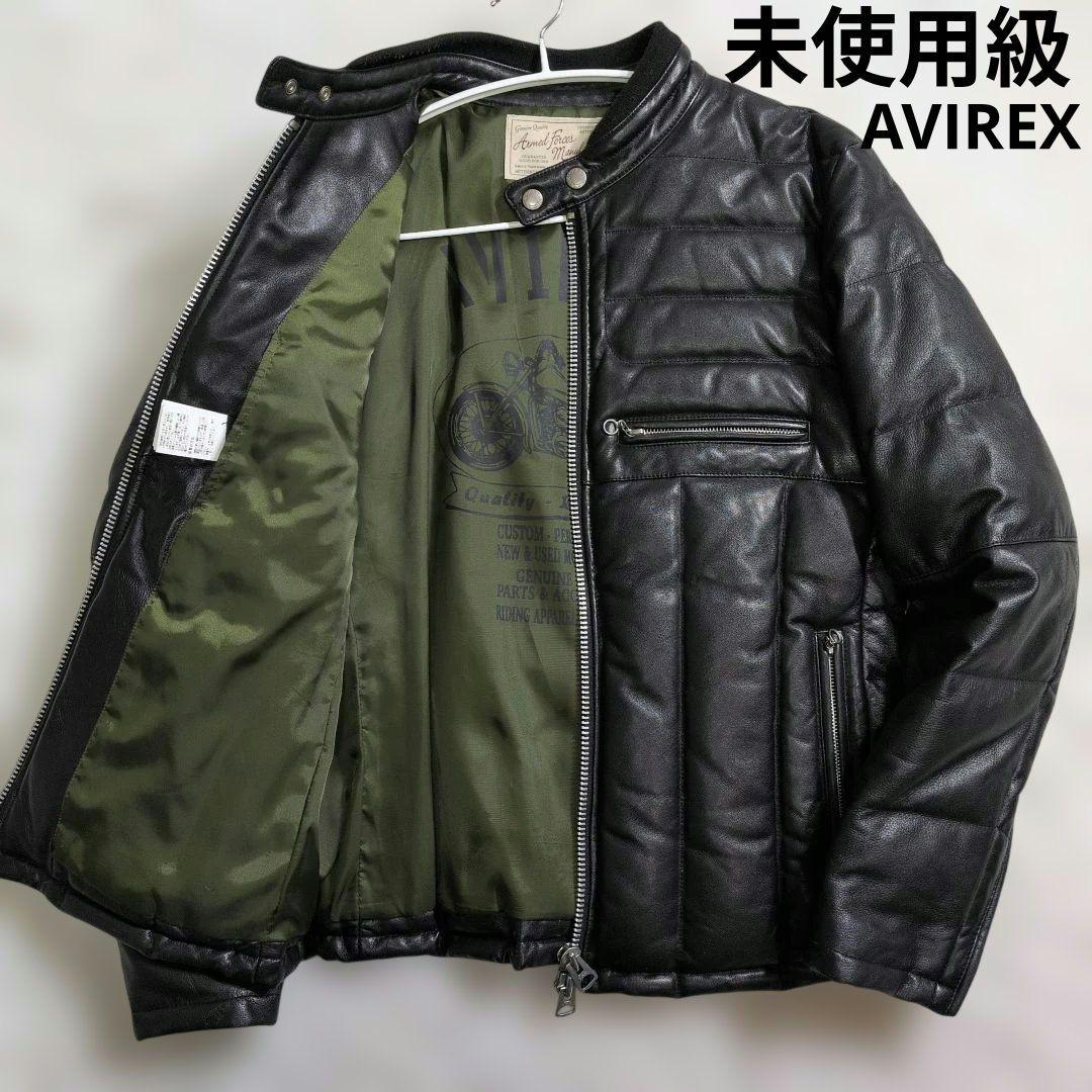 未使用級　AVIREX レザーダウン羊革　グリーンイラスト　黒　ブラック　M 未使用級 AVIREX レザーダウン羊革 グリーンイラスト 黒 ブラック M
