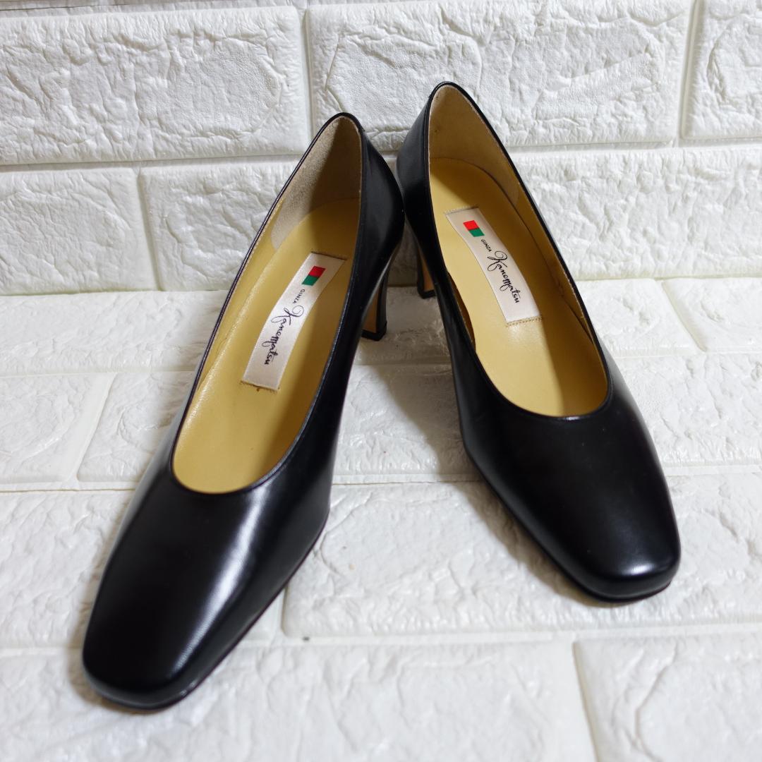 銀座かねまつ 本革 レザー 黒 ブラック パンプス 23cm 入社式 入学