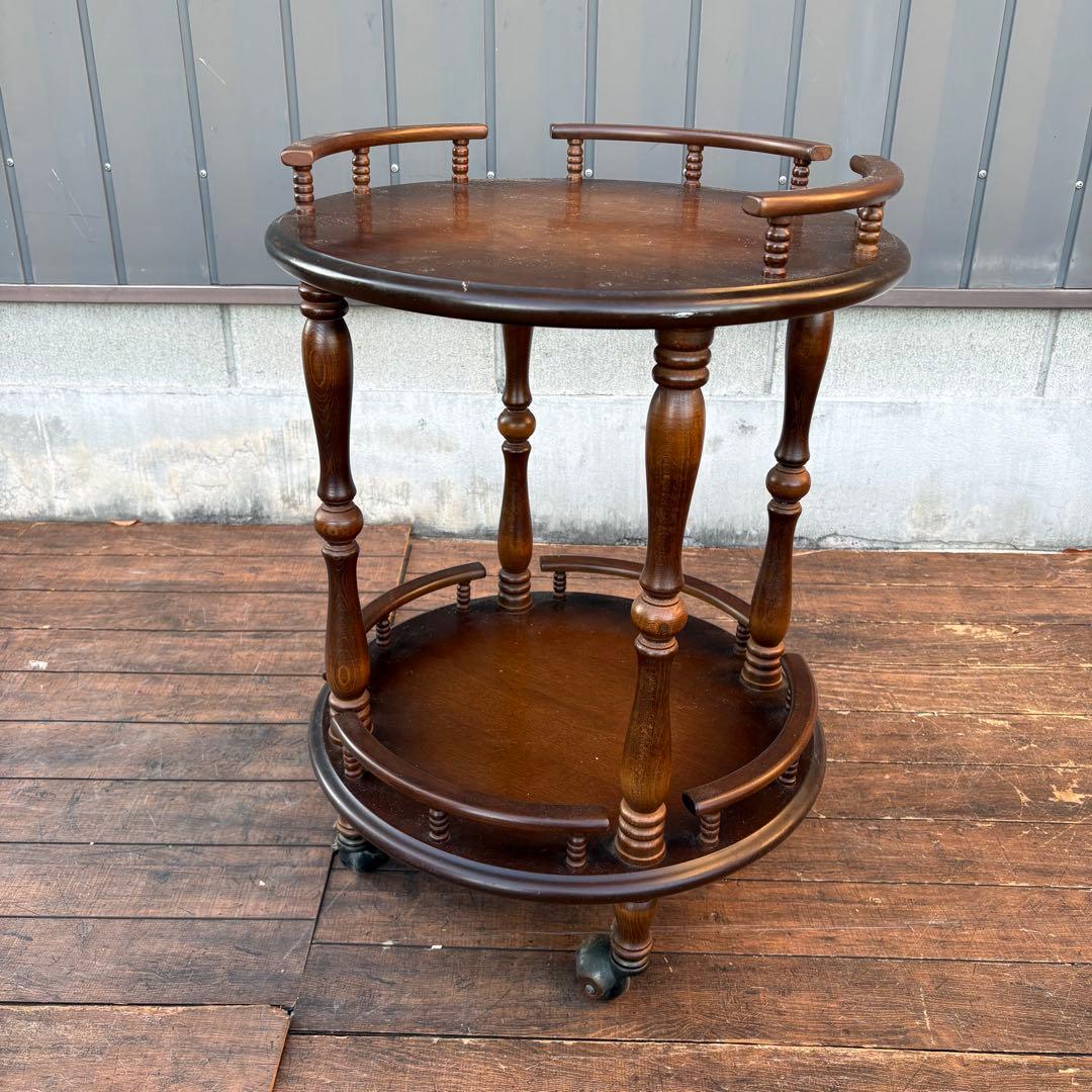 昭和レトロ 飛騨産業 キツツキマーク 木製ワゴン 2段 円形 サービング