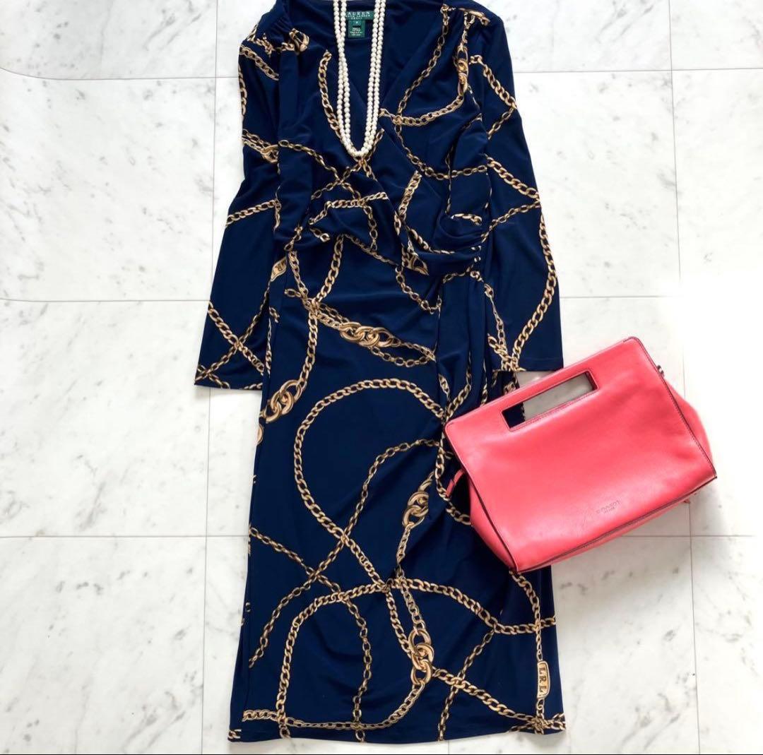 美品 ローレンラルフローレン ワンピース カシュクール ジャージー 鎖