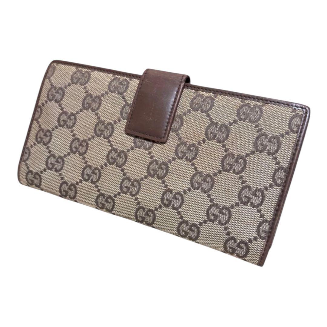 グッチ 長財布 レザー GGキャンバス ブラウン Wホック GG柄 ロゴ