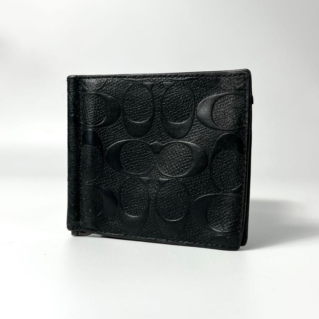 美品 コーチ 二つ折り財布 エンボス ブラック 黒 レザー カードケース