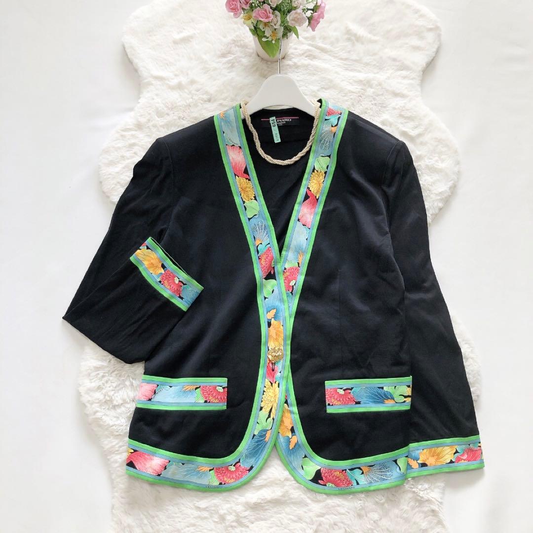 LEONARD*レオナール コットンジャケット 花柄ライン フラワー ノー