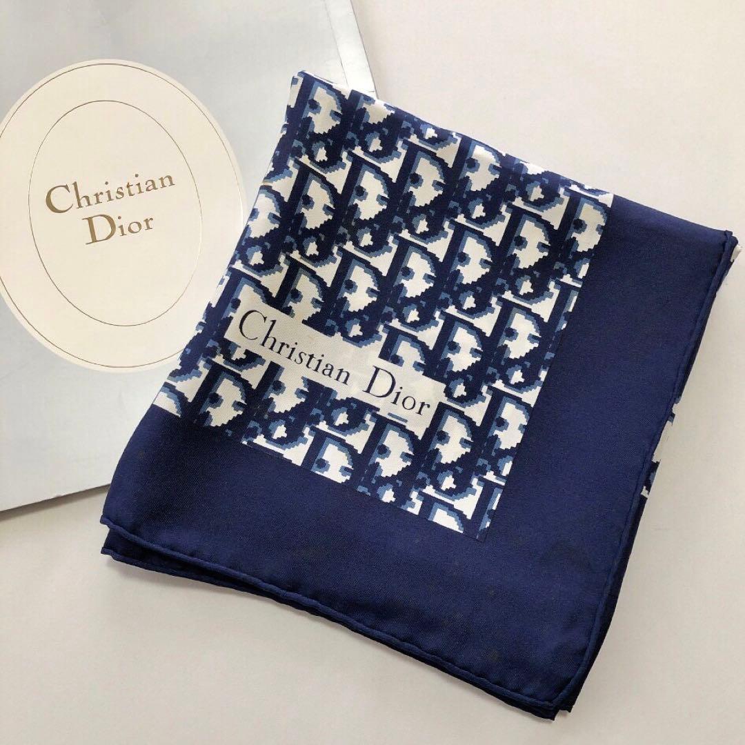 美品】Dior ディオール トロッター柄スカーフ 大判 シルク ブルー