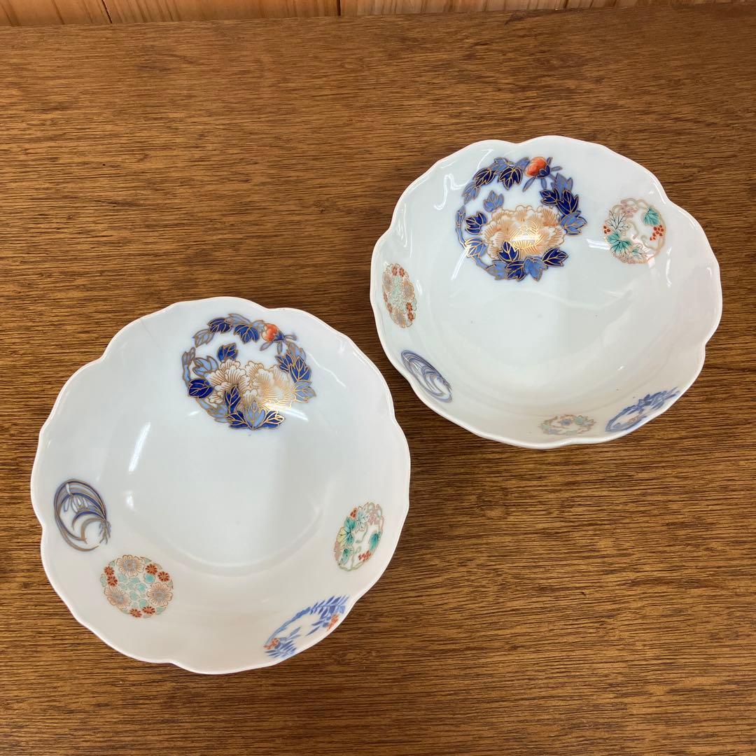 金継ぎ用 オールド深川製磁 染錦花丸紋 桔梗型小鉢 ボウル2客 ヒビあり
