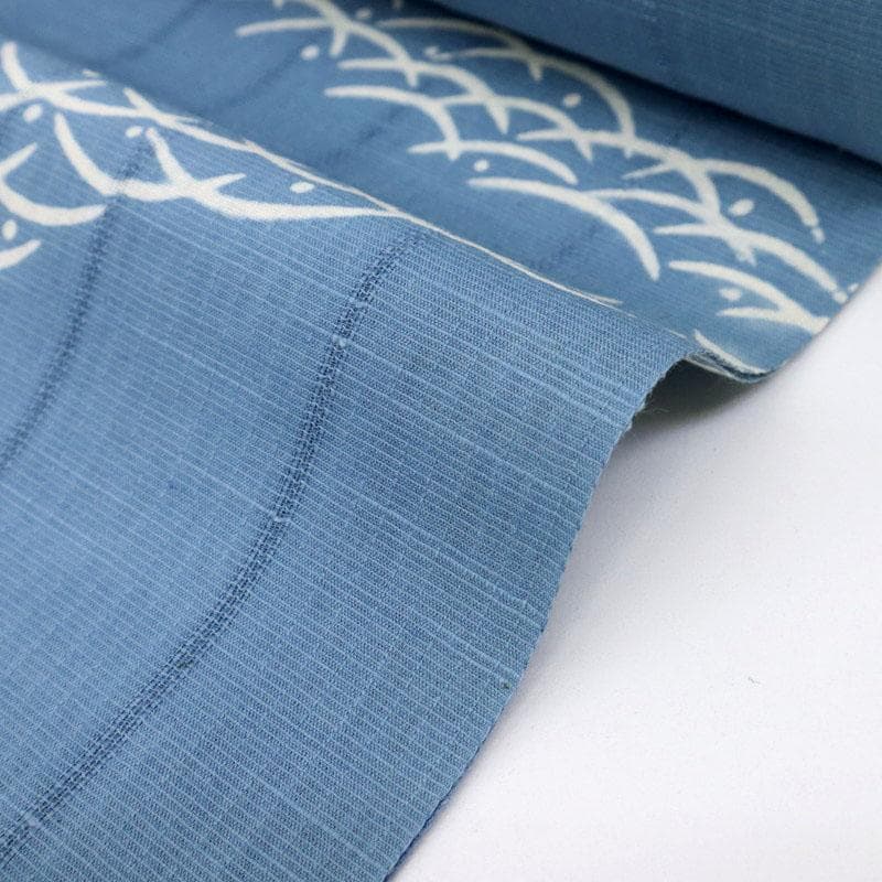 《綿麻紅梅◆浴衣反物■うちわにうさぎ露芝模様◆ブルー■夏着物■反25-35》