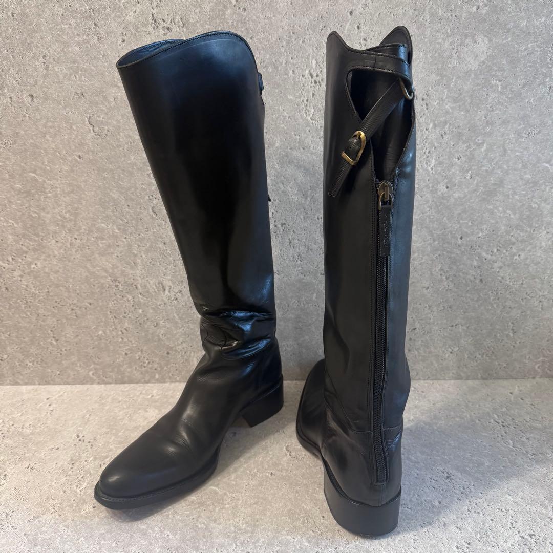 SARTORE ジョッキーブーツ ロングブーツ 37 黒 レザー ベルトデザイン