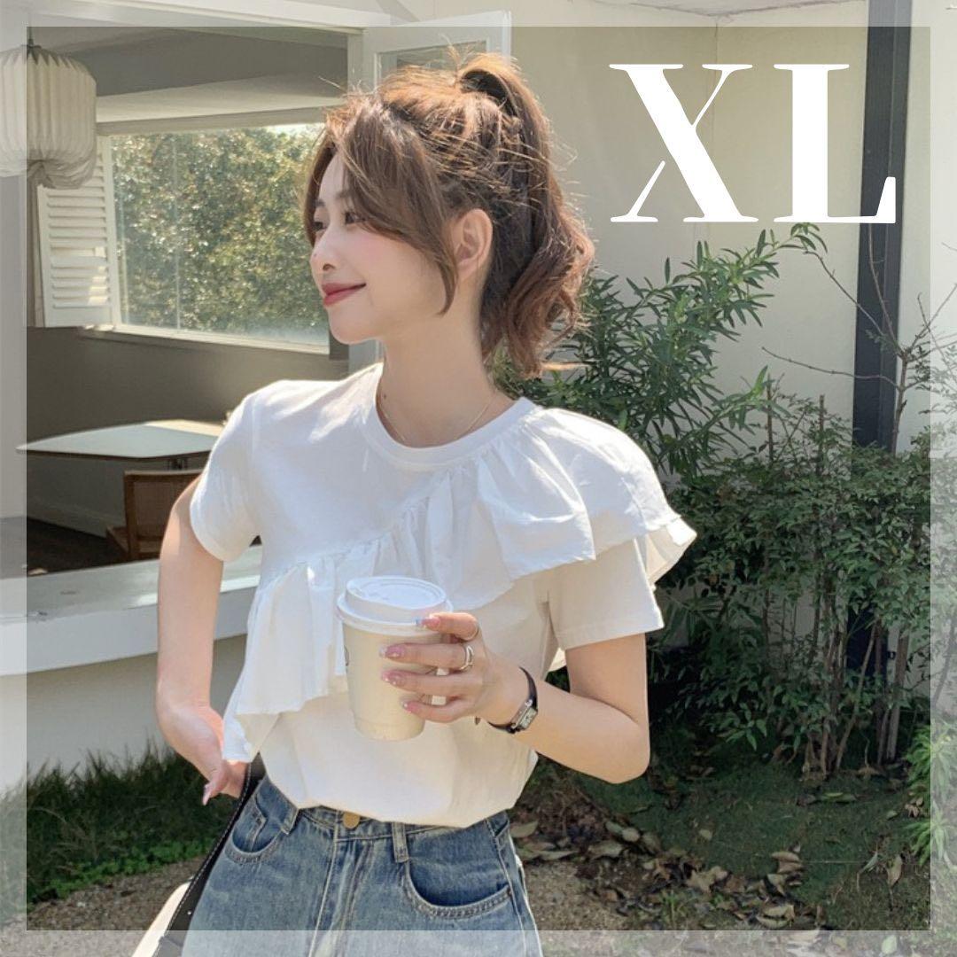 レディース Tシャツ 半袖 ホワイト 白 カットソー XL フリル 可愛い