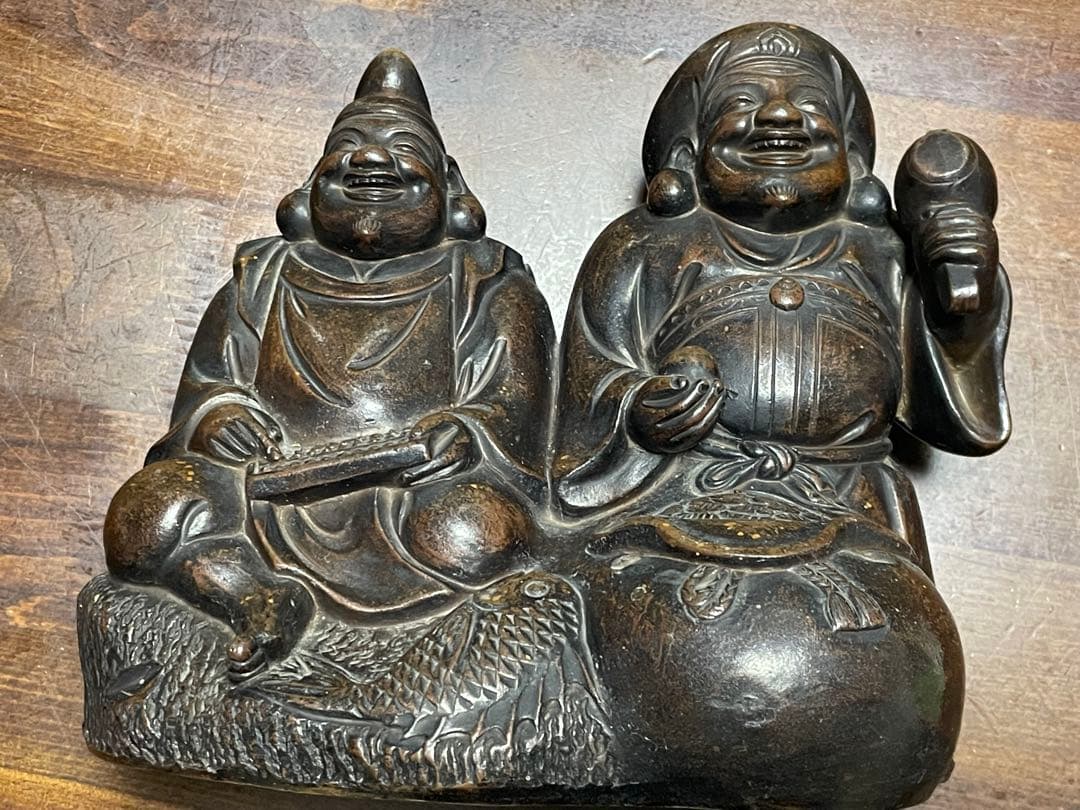 恵比寿大黒 七福神 置物 オブジェ 銘あり 約4kg 高さ18cm 幅23cm 大黒天 大黒様 恵比寿様 恵比寿天 15cm 商売繁盛 神棚 七福神 金運