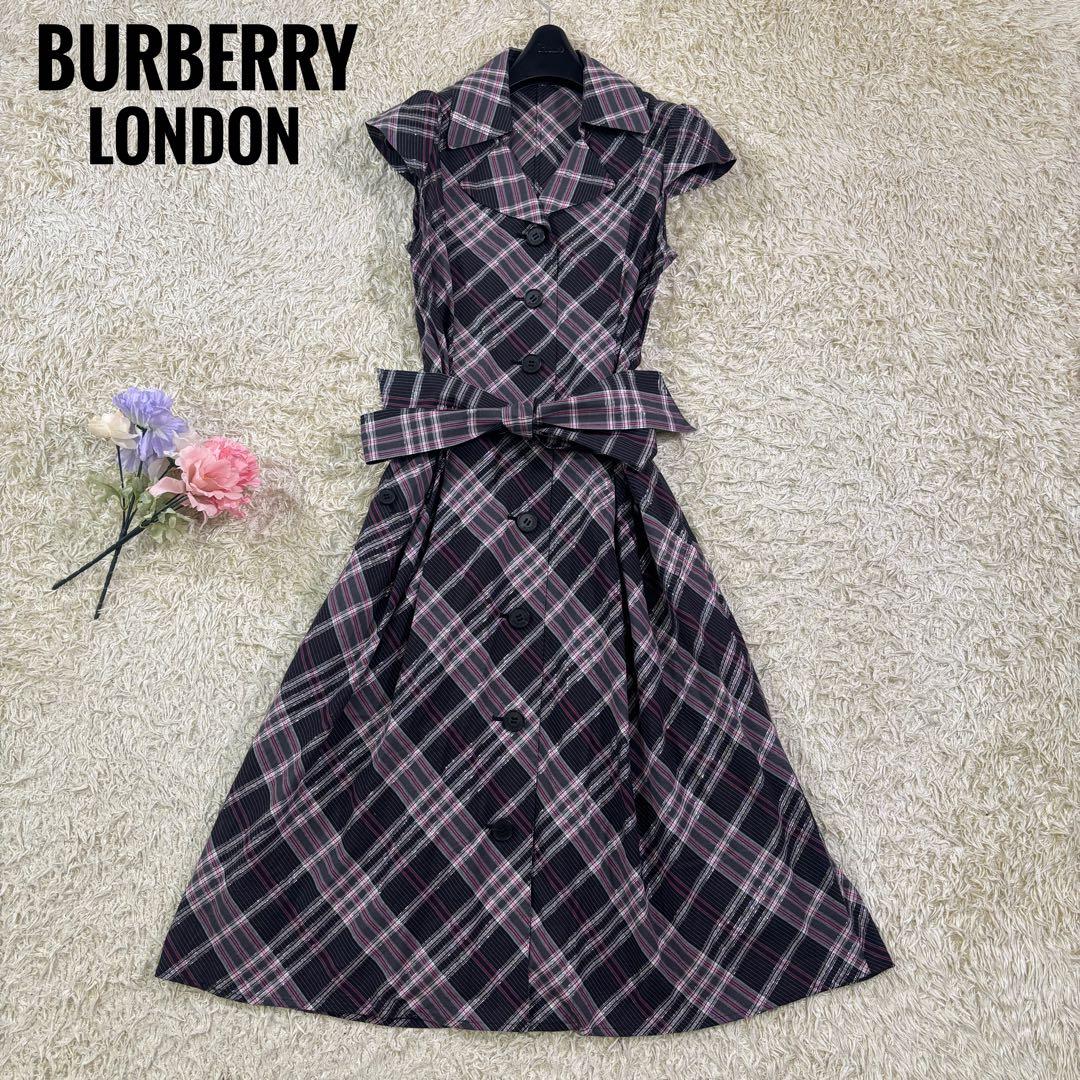 美品　バーバリーロンドン　チェック柄　ラメ入り　ベルトリボン　フレアワンピース チェック柄ショルダーリボンフレアワンピース[ru1237] | レディース