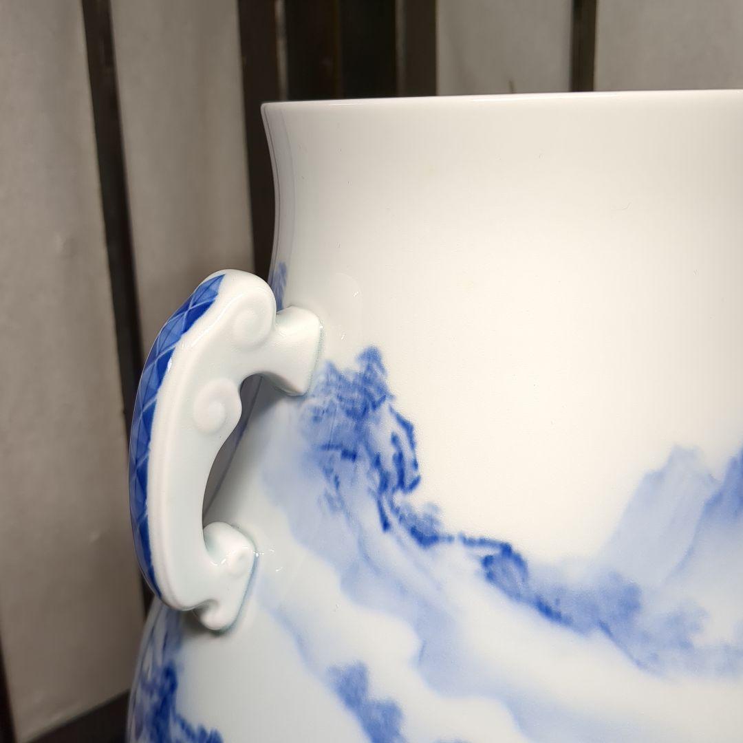 深川製磁 宮内庁御用達 染付 山水図 双耳 大花瓶 壺 1個