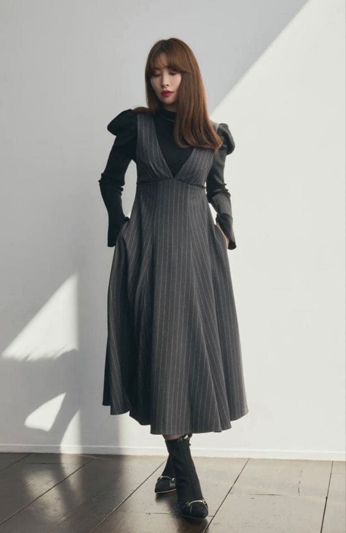 Striped Jumper Skirt ジャンパースカートrich gray