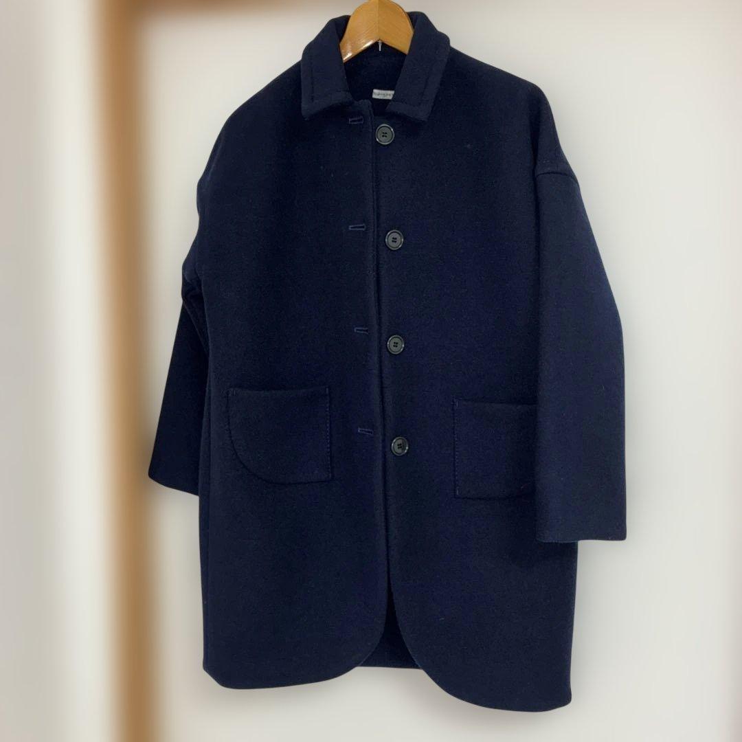 美品＋ホームスパン homspun メルトロングコート ネイビーステッチ