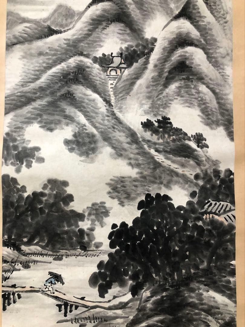 掛け軸 山水 王寅斗 絵［山水図］紙本 肉筆58！