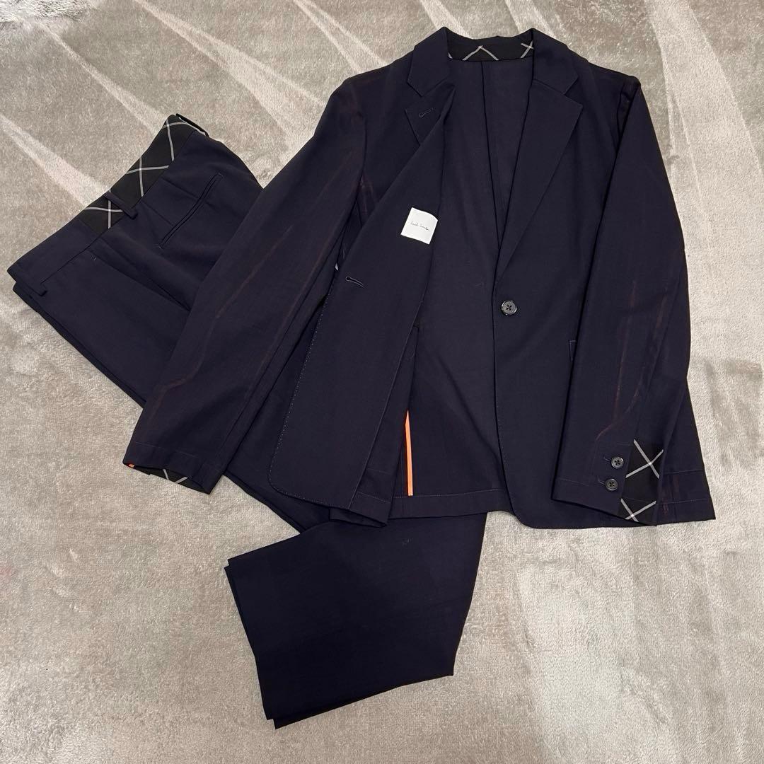 近年モデル Paul Smith パンツスーツ 大きいサイズ ネイビー 夏 マイクロヘリンボーン ストライプ シングル2Bスーツ（ネイビー