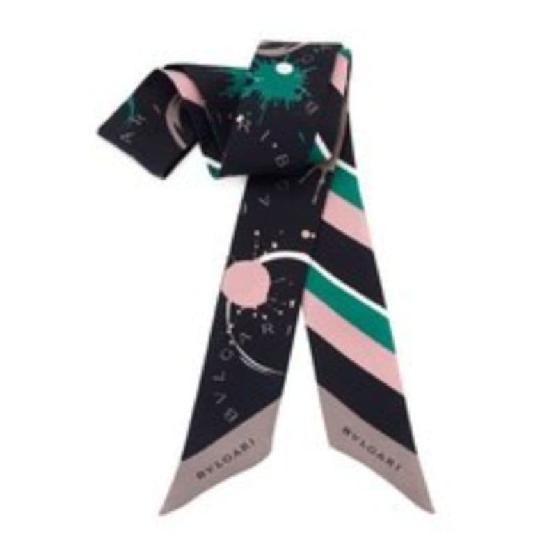 BVLGARI＊スカーフ＊新品 BVLGARI ブルガリ ミニ スカーフ ロゴマニア シルク シフォン ブラック