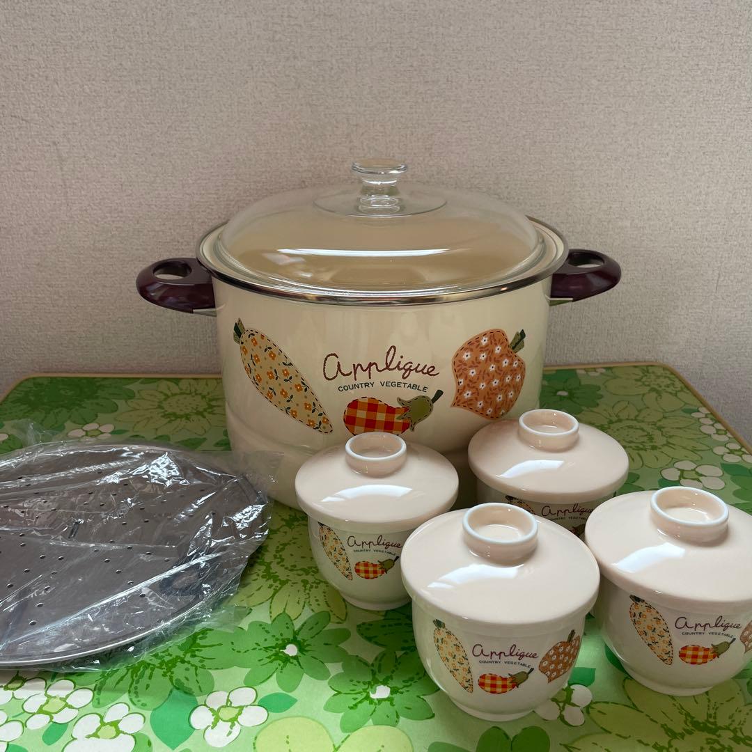 EJIRY エジリー 蒸し器兼用鍋 深型鍋 蒸し茶碗付き 24cm アップリケ柄