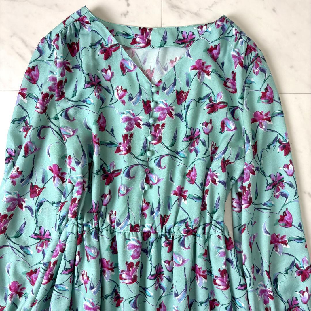 ANAYI フラワーペイントプリント ロングワンピース M ミント 花柄