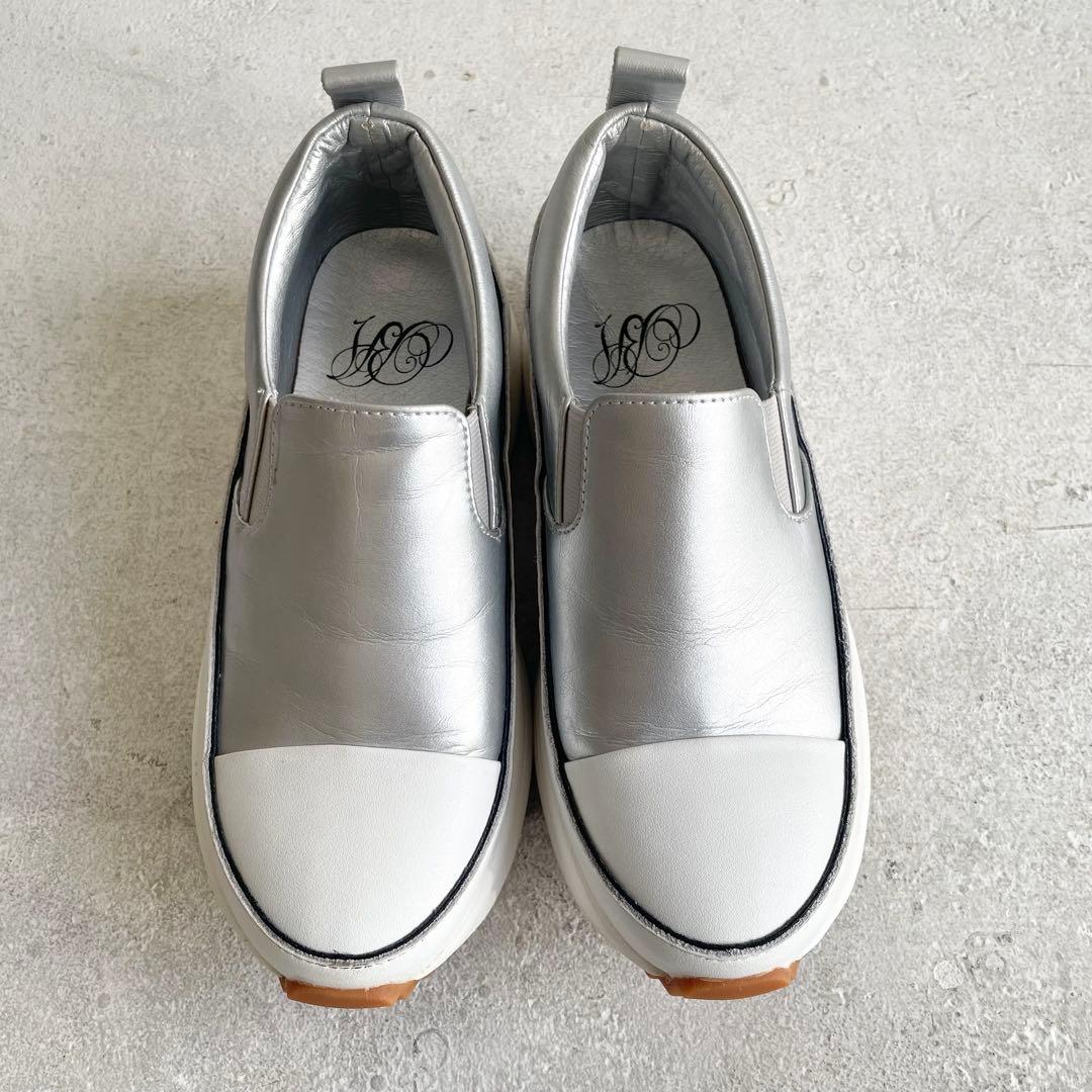 ビアズリー レザー スリッポン 厚底スニーカー 22.5cm シルバー