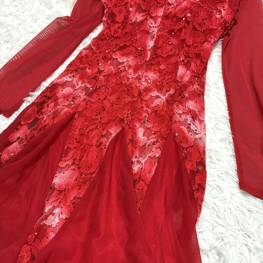 社交ダンス レース スパンコール ロングドレス 赤 華やか - メルカリ