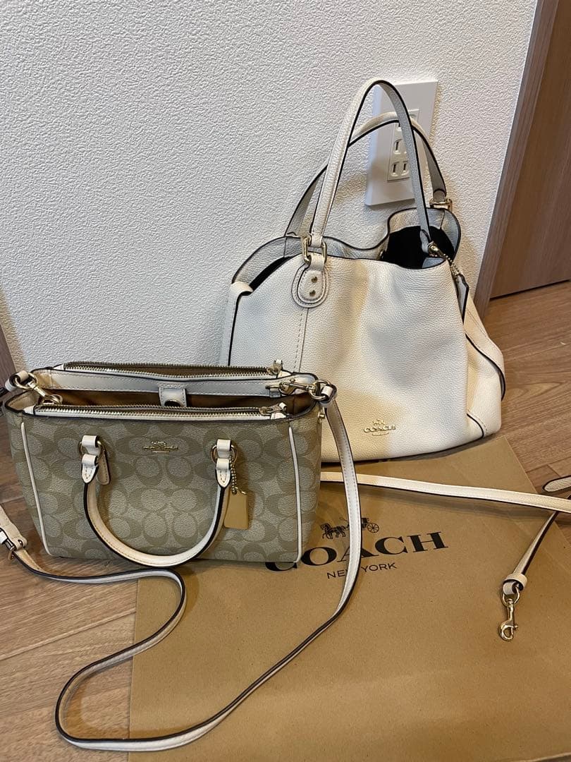 COACH ショルダーバッグ 2way レザーベージュ/ホワイト2点セット COACH コーチ ショルダーバッグ 2WAY ハンドバッグ 斜め掛け レザー