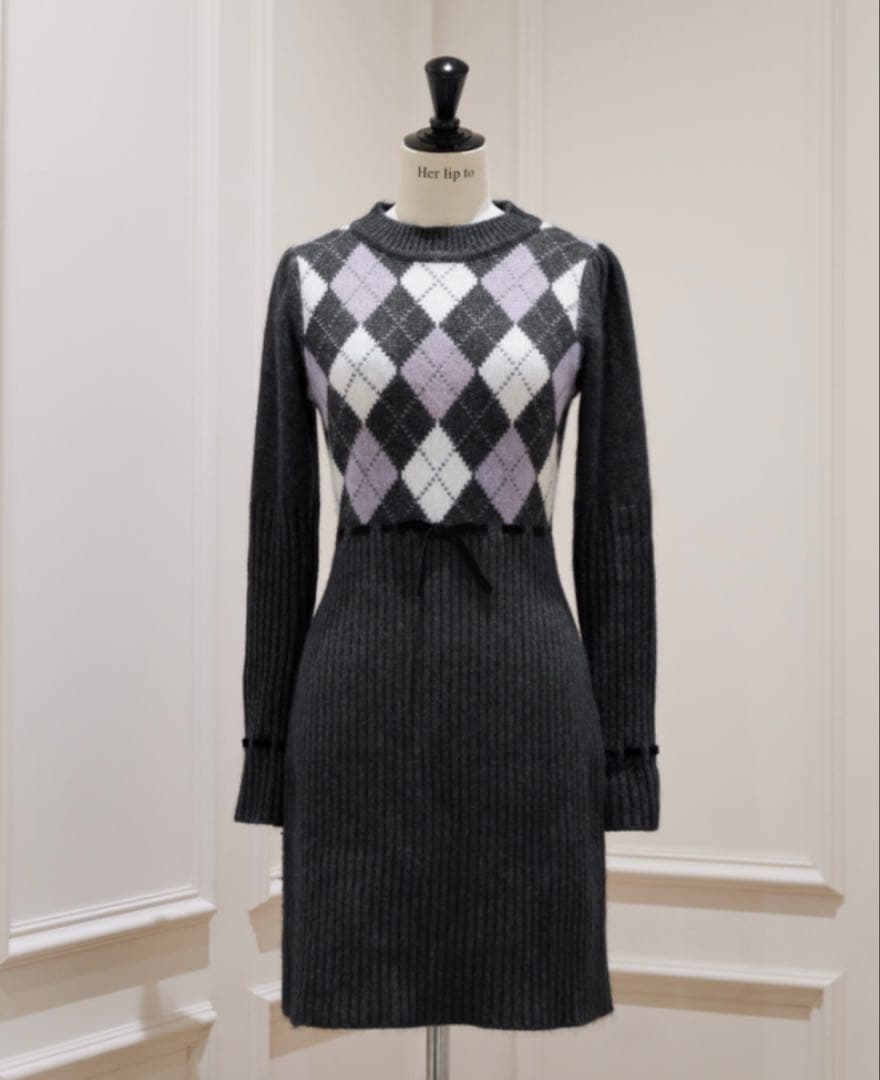 Moor Argyle Ribbon Knit Dress gray - メルカリ