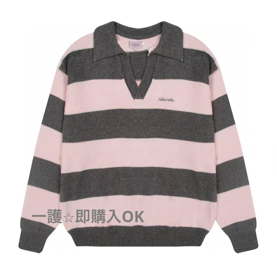 Rolarola ポロネック ピンクとグレーのストライプニットセーター
