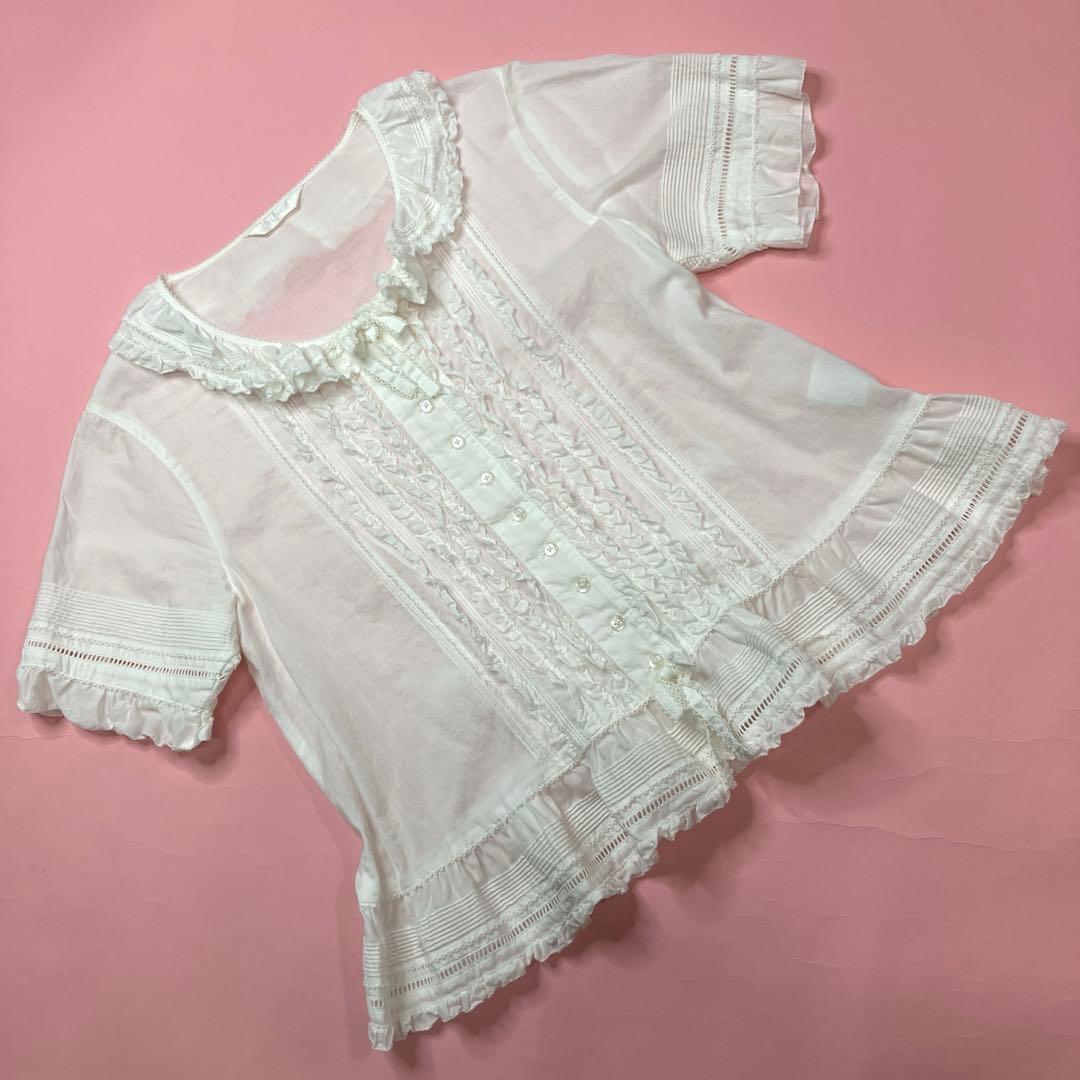 【美品】ピンクハウス 白 ピコフリル ピンタック 使い 綿ローンオーバーブラウス 白ピコフリルローンオーバーブラウス - ピンクハウス通販｜リサイクル