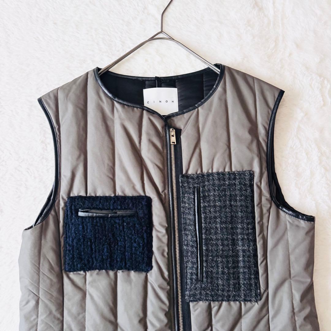 希少】 チノ キルティングベスト ロング丈 異素材 4ポケット 38 グレー