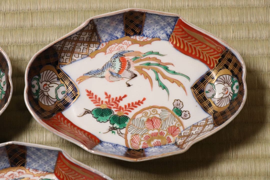 CM53】古伊万里 桐鳳凰図 変形 刺身皿 五客 鶴 金彩 錦手 菱形