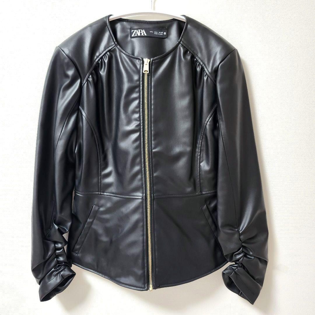 美品 ☆ ZARA ザラ フェイクレザー ノーカラー ジャケット Lサイズ