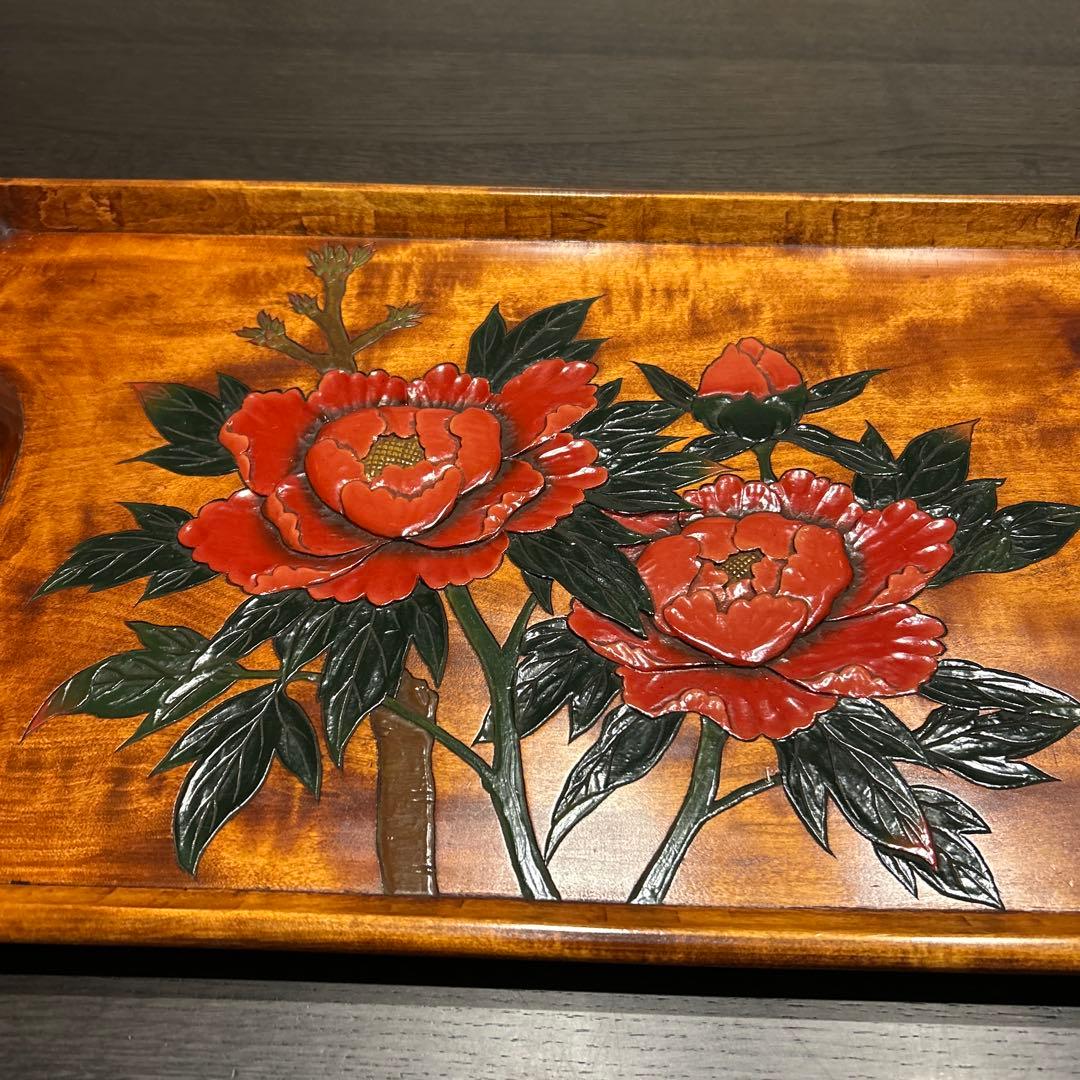 香川漆器 天然木 長手盆 牡丹 落款入 年末年始に！！