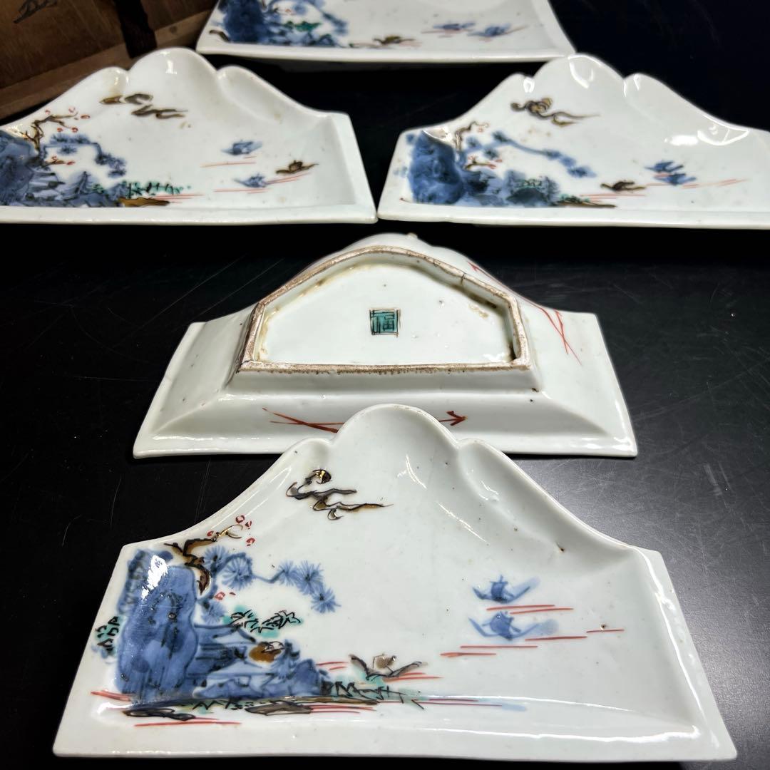 江戸初期　古九谷　富士型向付5枚　木箱付　最大幅約17㎝　東Y7-0801⭐︎2F 5号一輪生 古九谷風かるた / 大志窯