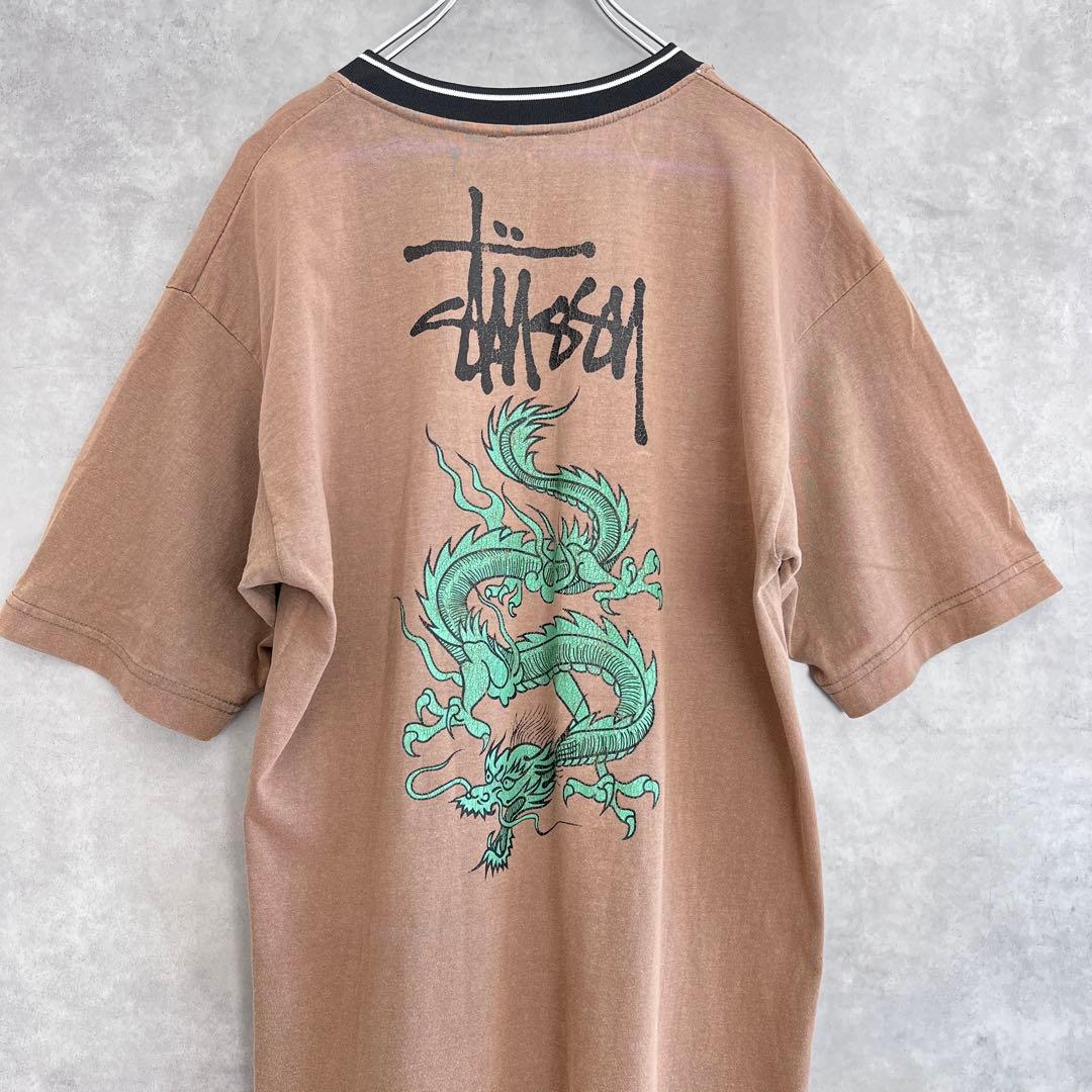 90s STUSSY ステューシー ドラゴン Tシャツ Vネック Lサイズ紺タグ