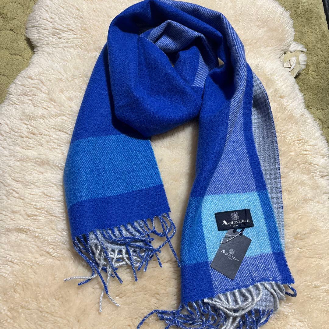 Aquascutum アクアスキュータム カシミア チェック柄 マフラー ブルー