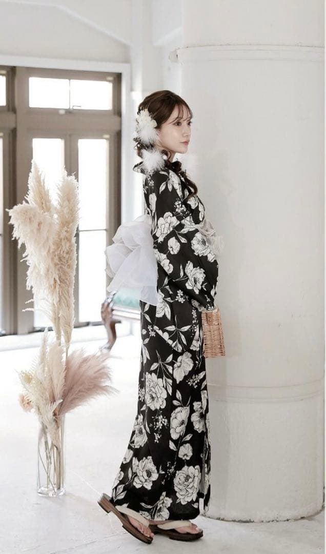 ブラック牡丹和華柄2WAYワンピース浴衣【Ryuyu】 美品