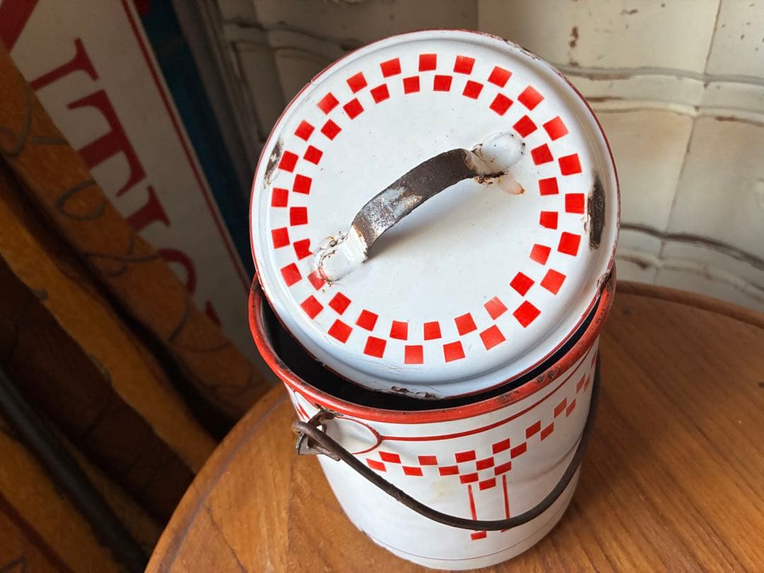 フランス アンティーク ホーロー ストッカー キャニスター ダミエ 市松