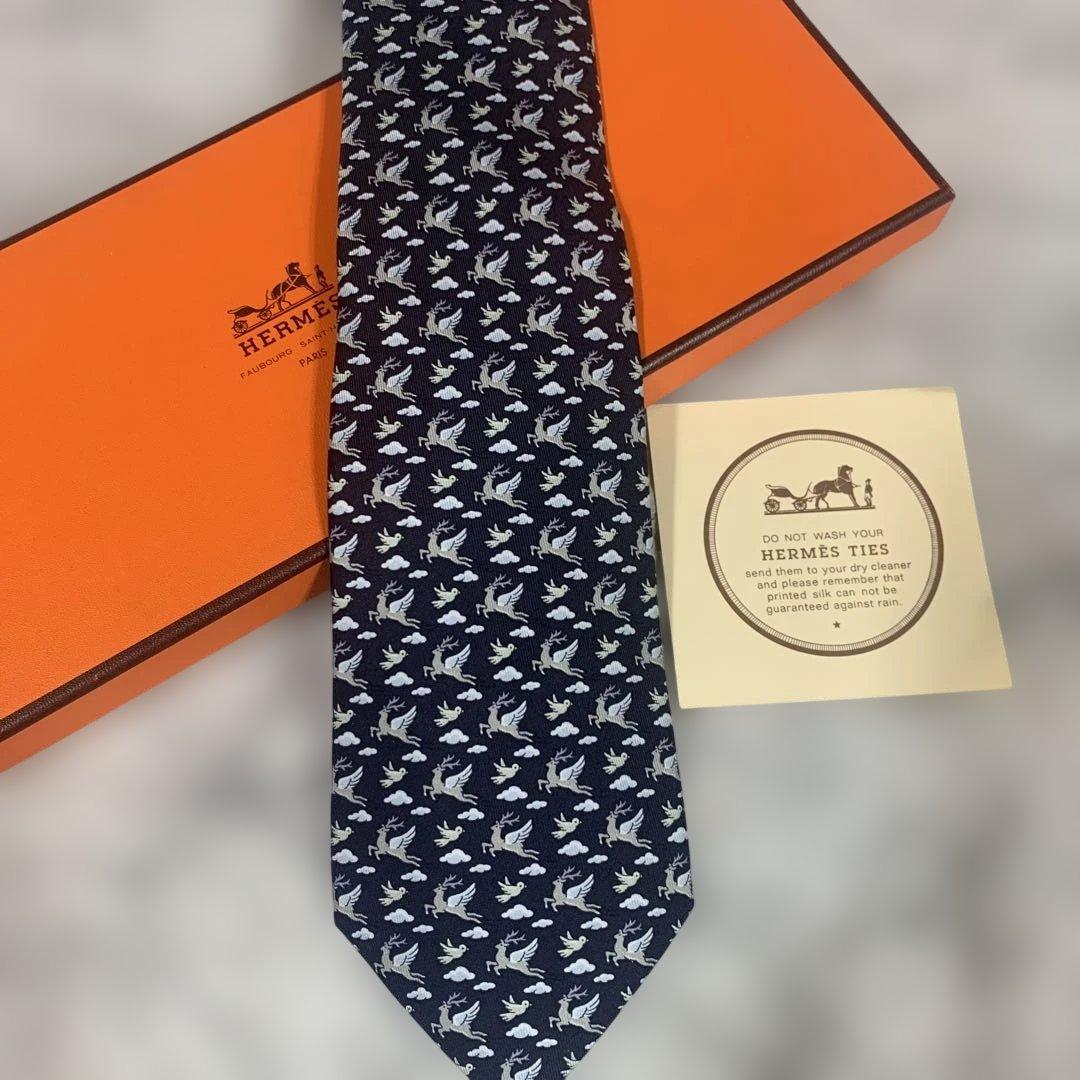 未使用品］HERMES ネクタイ シルク100% ネイビー - メルカリ
