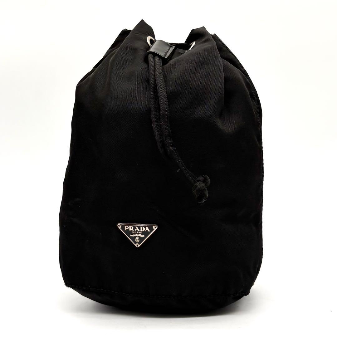 美品✨プラダ 巾着 ポーチ ナイロン レザー 三角ロゴ バニティ