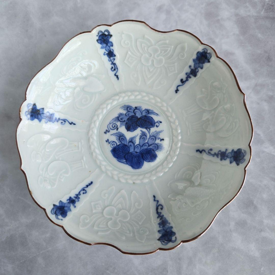 古伊万里　染付　陽刻　深皿　膾皿　唐人　韃靼人　江戸　アンティーク　金継ぎ　金直 古伊万里 染付 陽刻 深皿 膾皿 唐人 韃靼人 江戸 アンティーク 金継ぎ