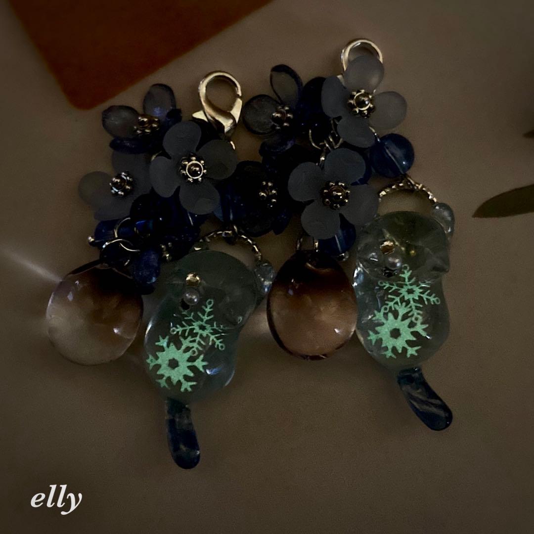 ひな様】1582.天然石 琉球ガラス クリスマス 星 ジャンピング猫 レジン