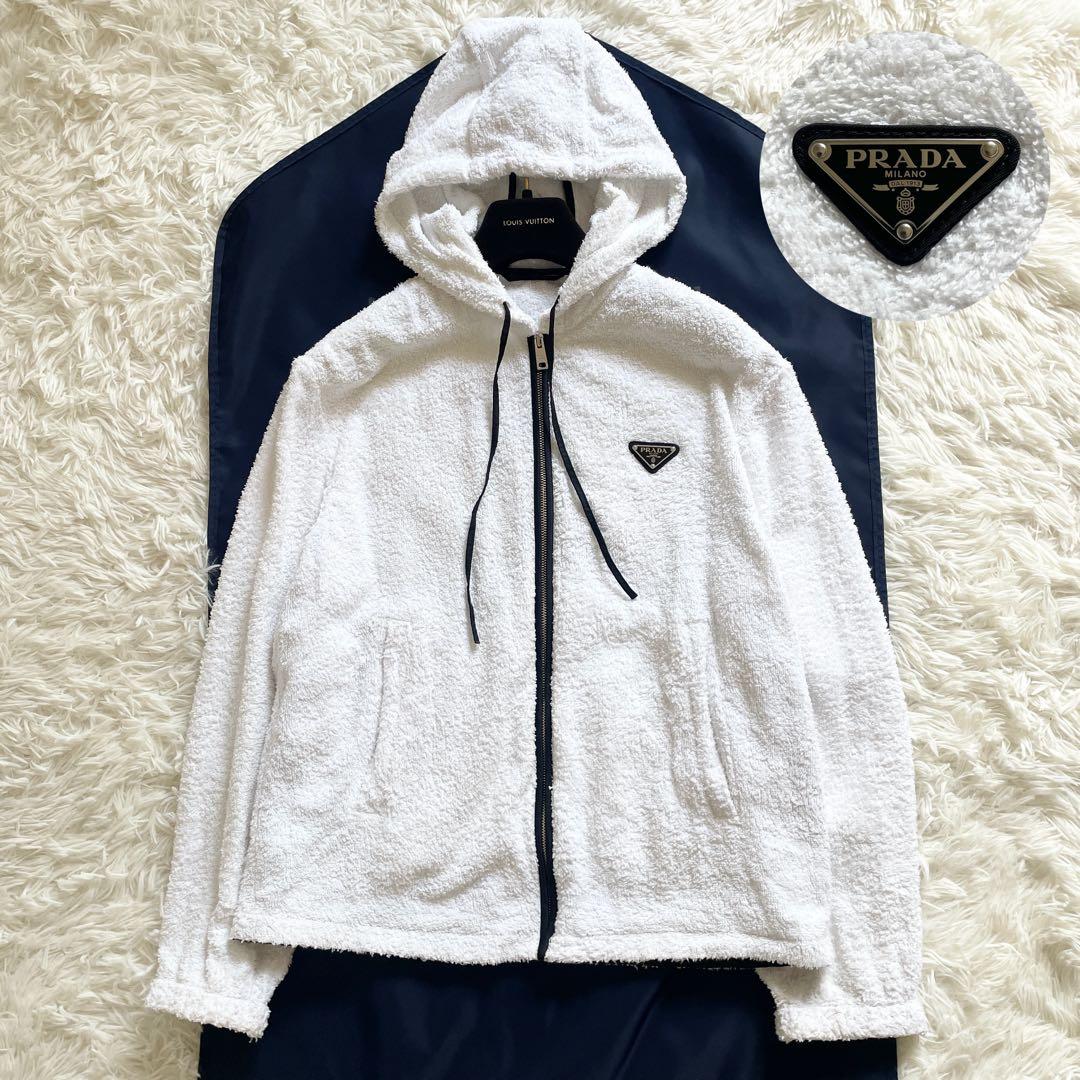 美品 現行 プラダ 三角プレート パーカー タオル生地 ホワイト Mサイズ