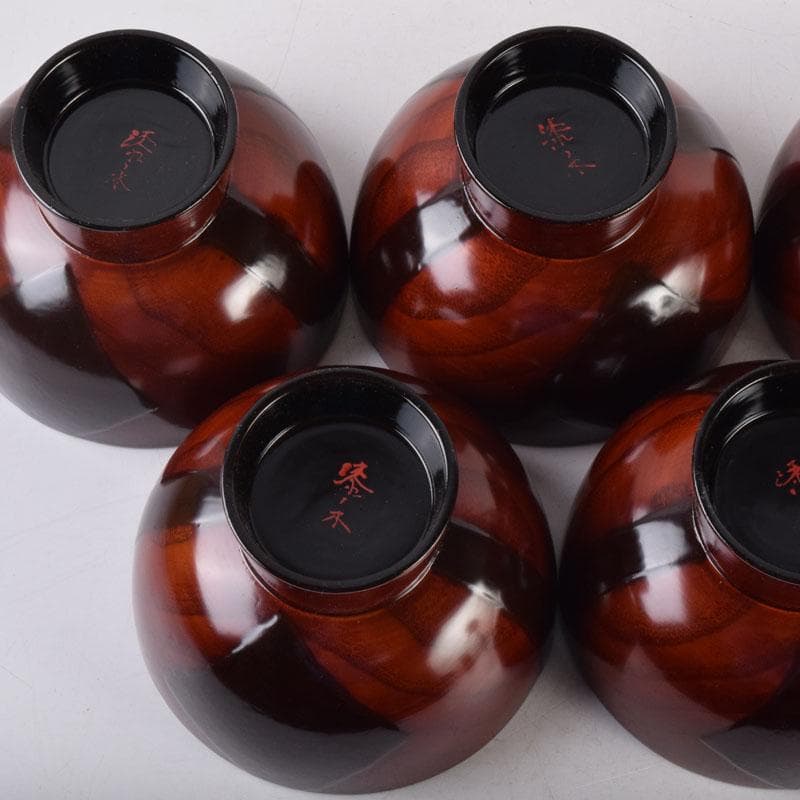 和食器　関谷二男作　漆塗　高台汁椀　五客　共箱　C　8494