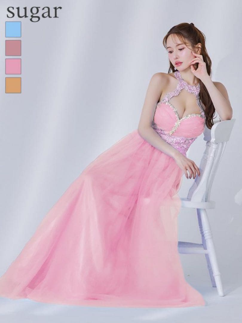 Sugar キャバドレス ドレス ロングドレス ピンク Lip line/リップライン】フラワー刺繍/ Vネック/ Aライン