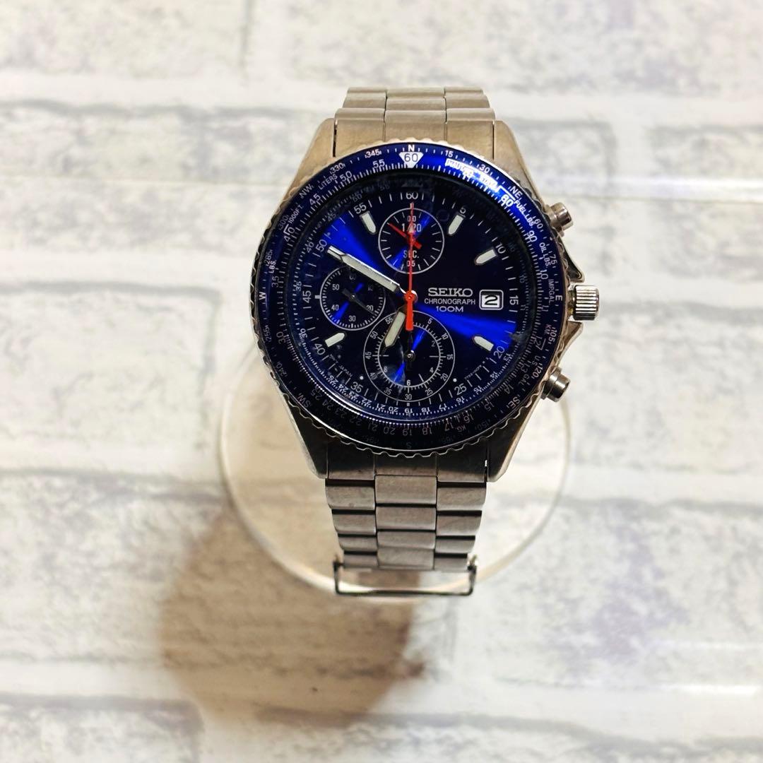 SEIKO クロノグラフ 7T92-0CF0 パイロット 青文字盤 腕時計 - メルカリ