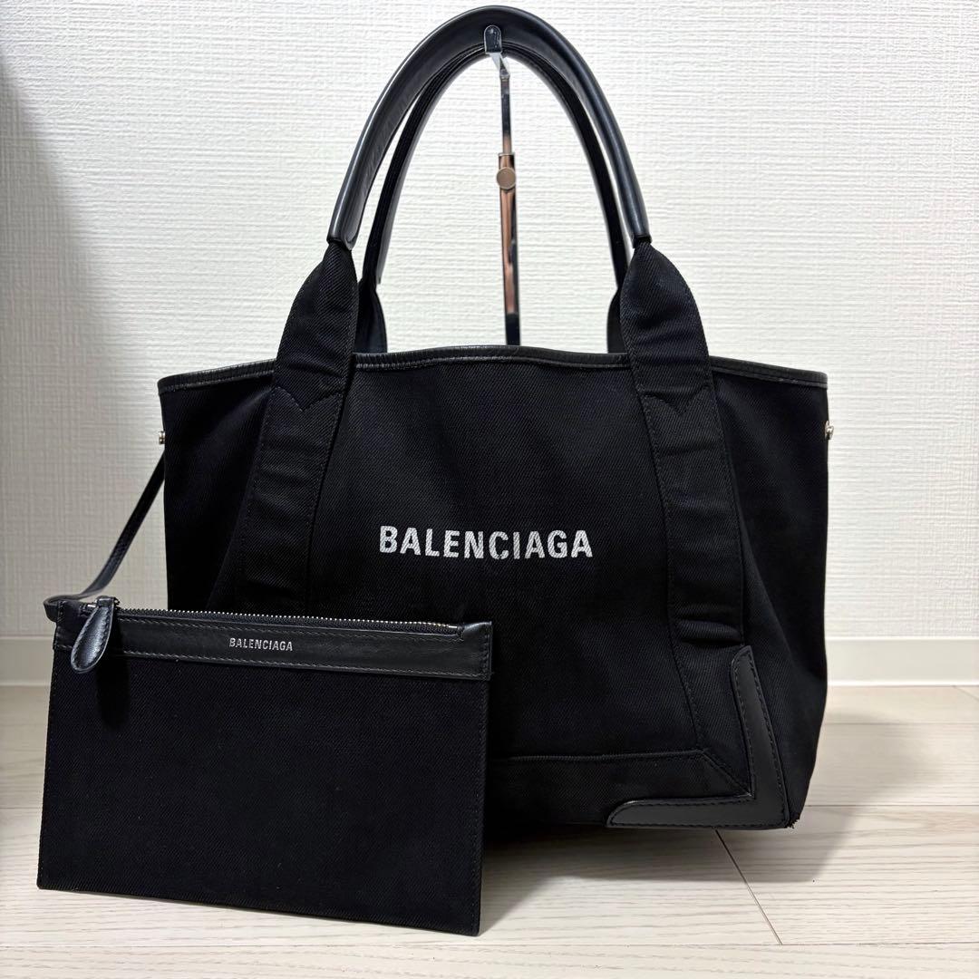 美品】バレンシアガ ネイビーカバスS ハンドバッグ キャンバス ポーチ
