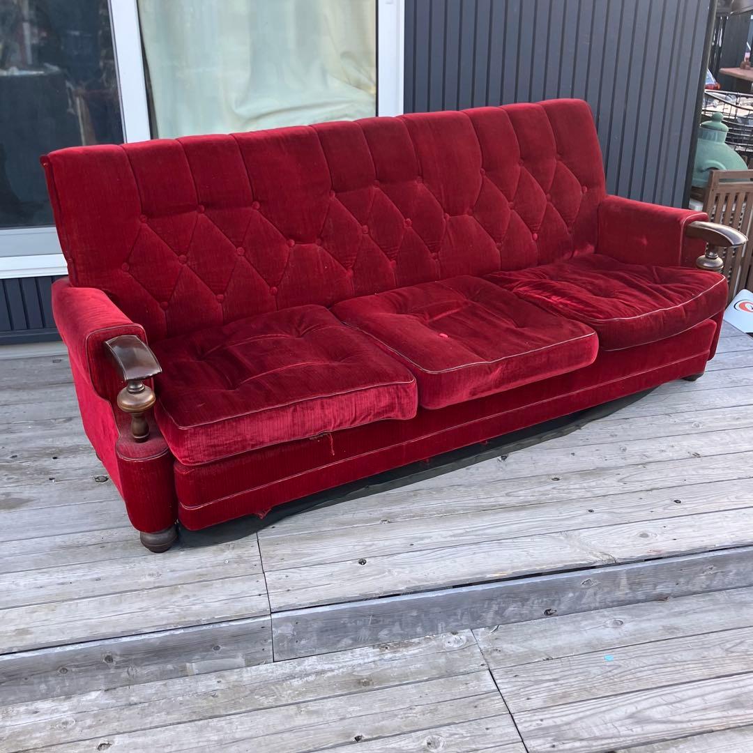 昭和レトロ 古家具 三人掛けベロアソファー アームチェア ヴィンテージ