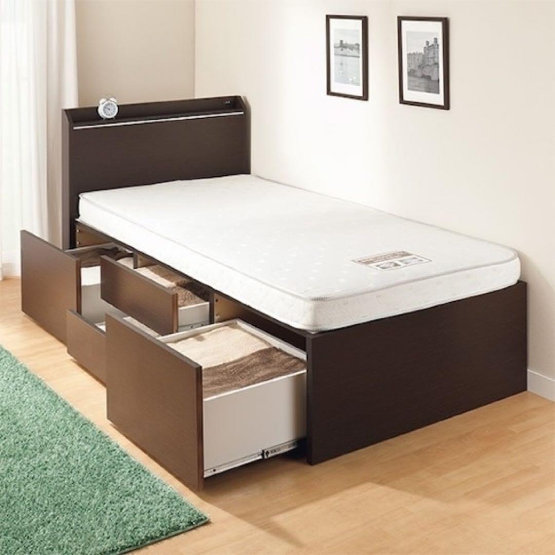 3/7期間限定】ダークブラウン シングルベッドフレーム 引き出し付き