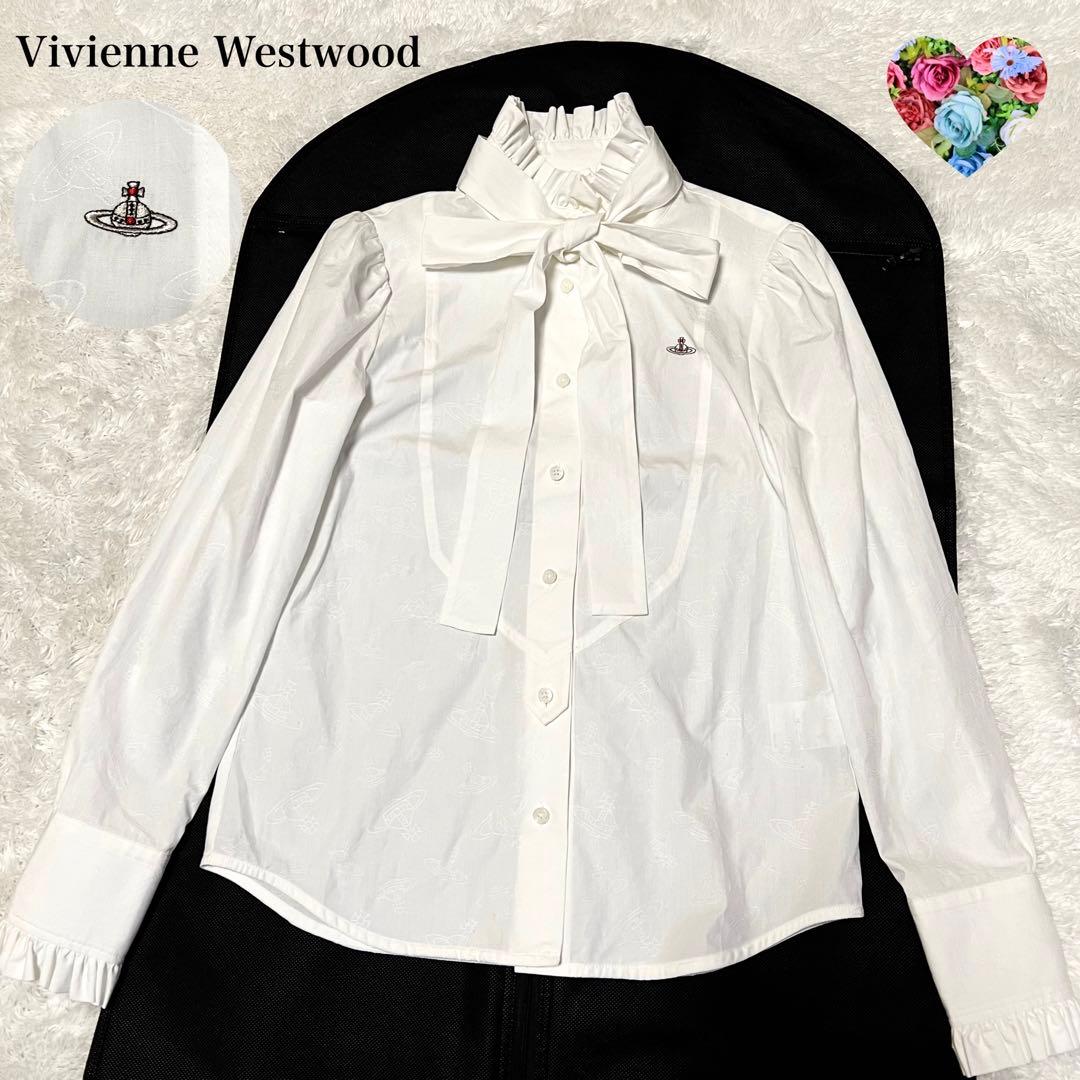 ヴィヴィアンウエストウッド ボウタイ ブラウス フリル襟袖 総柄オーヴ