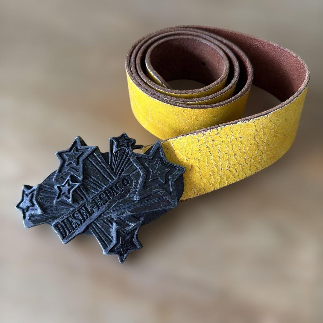 美品】DIESEL レザーベルト 85 イエロー ビッグバックル - メルカリ